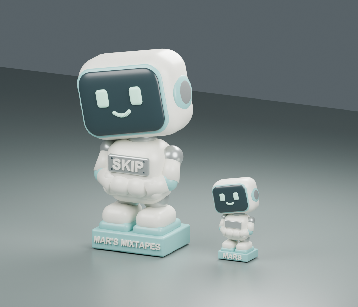 Design render of the small and large Skip figurines